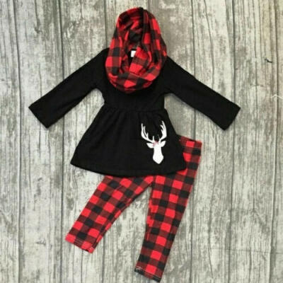 

Xmas Toddler Kids Baby Girl Christmas Tops DressCheck Plaid Pant Outfit Clothes