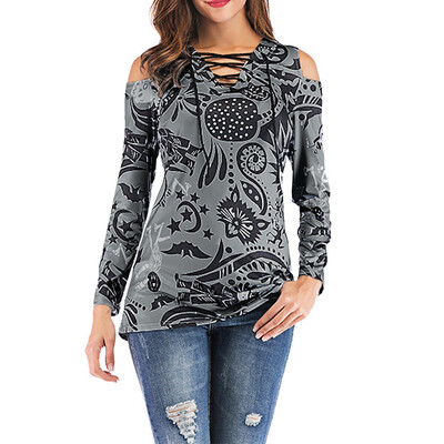 

Nomeni Women Long Sleeve Off Shoulder V Neck Printed Tops Loose T-Shirt Blouse