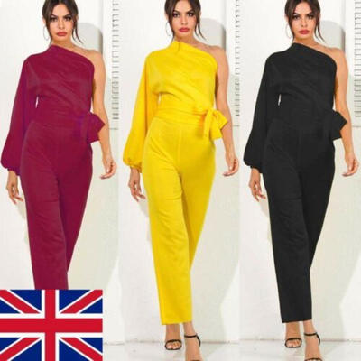 

Ladies One Shoulder Long Sleeve Evening Palazzo Jumpsuit Belt Playsuit Rompers