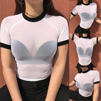 

Nomeni Women Mesh Crop Top Crew Neck Stretch Short Sleeve Bodycon T-shirt Sexy Tops