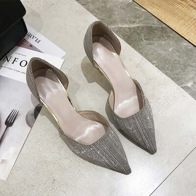 

Pointed fairy high heels 2019 summer new fashion all kinds of hollow sandals silver wedding shoes fine heel single shoes