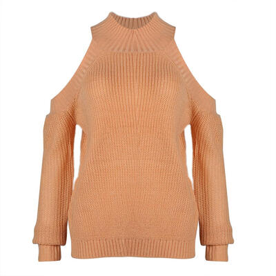 

Winter Women High Neck Long Sleeve Cold Shoulder Loose Knitted Sweater