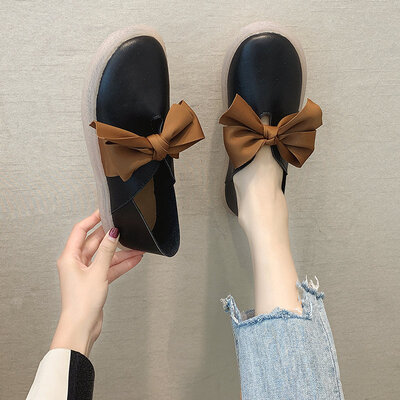 

Bean Bean Shoes Womens Butterfly Knot British Wind Flat-soled Transparent Single Shoes In Autumn Shallow Mouth One Pedal Leather