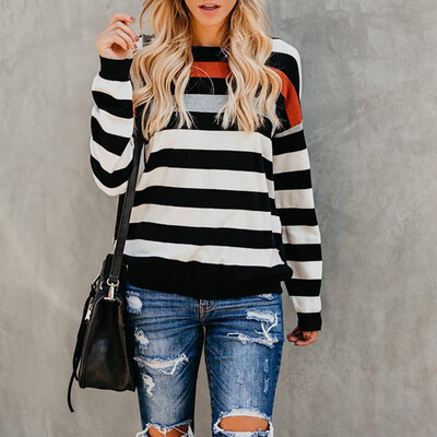 

2019 Women Casual O-Neck Long Sleeve Holiday Striped High Low Hem Tunic Tops