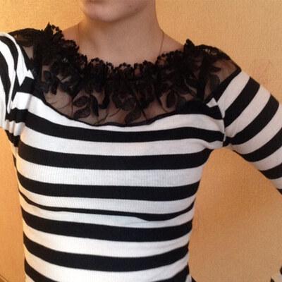 

Sexy Lace Neck Simple T Shirt Women Stripe Tees Plain Cotton Long Sleeve T-shirt Female Tops