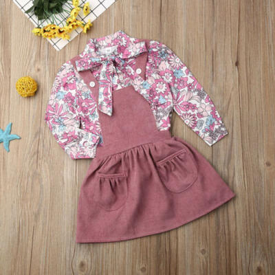 

US 2019 Infant Baby Girl Flower Printed Shirt Strap Dress Autumn Clothes Skirt