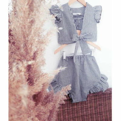 

UK Sunsuit Newborn Kid Baby Girl Kid Plaids Top Ruffle Pants Outfit Clothes 1-5Y