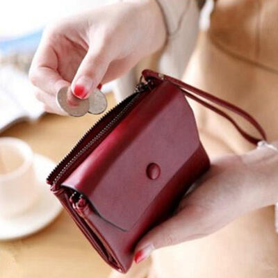 

Short Section Lady Purse PU Leather Mini Wallet Small Clutch Folding Female Card Holder Wallet W Strap