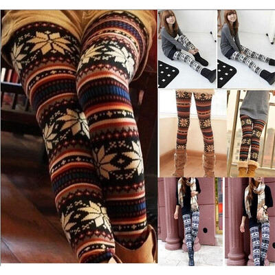 

Women Xmas Snowflake Reindeer Knitted Leggings Skinny Pencil Pants Trousers