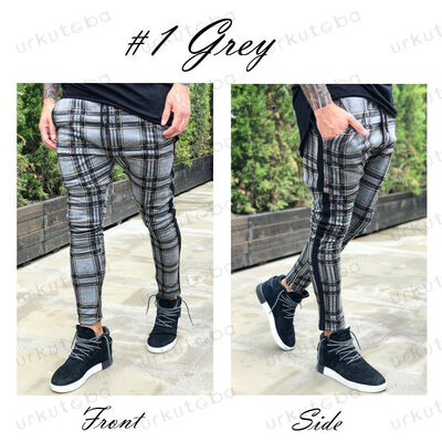 

Men Ankle Zip Plaid Check Casual Trousers Pants Joggers Jogging Slim Fit Skinny