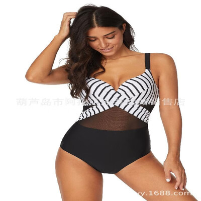 

2019 new striped cross bikini sexy mesh stitching high waist swimsuit ladies Siamese triangle swimsuit V9994-black