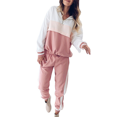 

2pcs Women Autumn Fashion Concise Sport Leisure Color-blocked Long Sleeve Hooded Hoodie Set