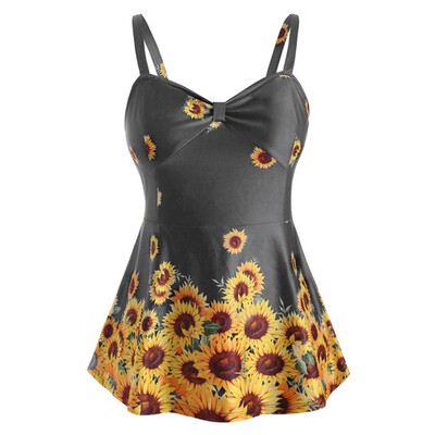 

Roseonmyhand Women Plus Size Ladies Sunflower Printed Slimming Wave-edged Split Swimming Top