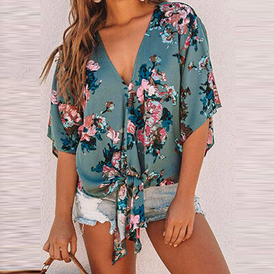 

Starmoon Womens Short Sleeve Shirts V Neck Dot Print Knot Collared Button Down Shirt Tops