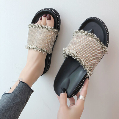

Sandals women summer full drill muffin bottom toe word thick bottom drag lazy flat outdoor womens sandals