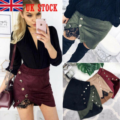 

Women High Waisted Pencil Skirt Bodycon Lace Suede Leather Short Mini Skirts UK