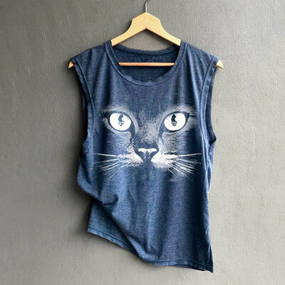 

Nomeni Fashion Womens O-Neck Cat Printing Sleeveless Vest Blouse Loose Shirt Tops