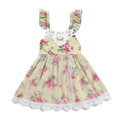 

Girls Sling Lace Dress Summer Sleeveless Floral Print Princess Tutu Dress