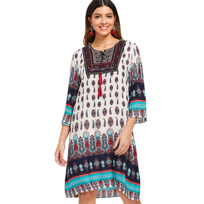 

Fringe Drawstring Printed Bohemian Dress