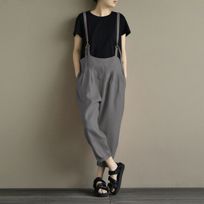 

Tailored Women Strap Overalls Pure Color Pockets Long Harem Pants Casual Cotton Trousers