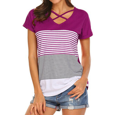 

Starmoon Women Ladies Stripe Splice T-Shirt Short Sleeve Casual Tops Blouse