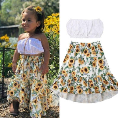 

Kids Girl Sleevelss Crop Tops Sunflower Dress Skirt 2Pcs Outfits Clothes