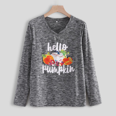 

Tailored Women Long Sleeve Pumpkin Letters Print Loose V-neck T-shirt Autumn Blouse