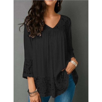 

Plus Size Womens Boho Floral Long Sleeve Blouse Baggy Tops Tunic V Neck T Shirts