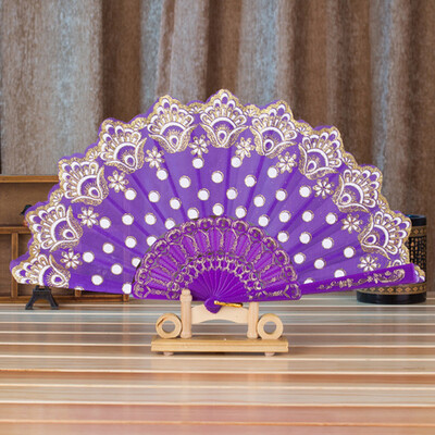 

Siaonvr Chinese Style Dance Wedding Party Lace Silk Folding Hand Held Flower Fan Purple