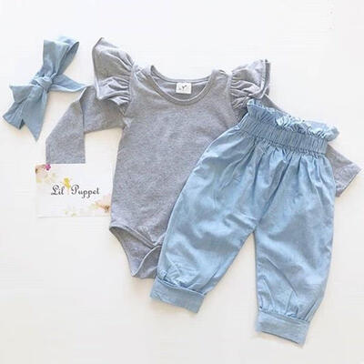 

2Pcs Newborn Baby Girl Cotton Romper Tops Bowknot Denim Pants Outfits Clothes