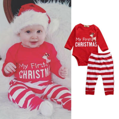 

My First Christmas Infant Baby Girl Deer RomperLong Stripe Pant Outfit Set 2Pcs