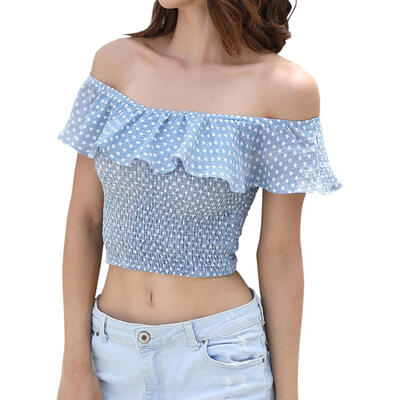 

Summer Polka Dot Sexy Off Shoulder Crop Tops Women Ruffle Elastic Blouse