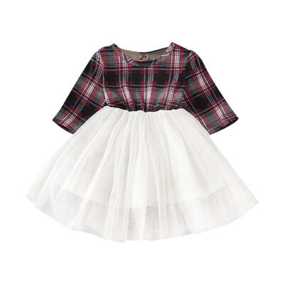 

Autumn Casual Baby Girls Plaid Pattern Long Sleeve Patchwork Mesh Dress Kids Toddler Pageant Sundress 0-24M