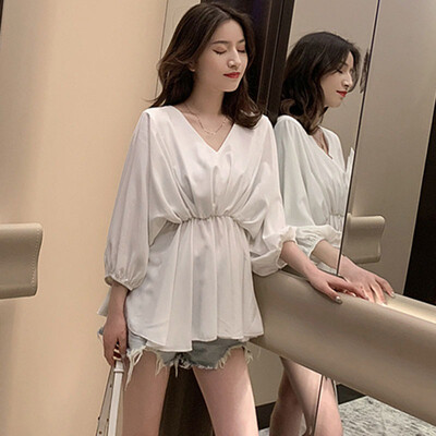 

Women Spring V-neck Elegant Blouses Lantern Sleeve Elastic Waist Blouses Shirts Office Lady Solid Color Female Chiffon Blusa