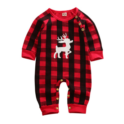 

Newborn Baby Boy Girl Xmas Deer Plaid Jumpsuit Bodysuit Winter Cotton Clothes