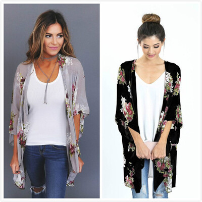

New Women Floral Loose Kimono Cardigan Boho Chiffon Coat Jacket Blouse