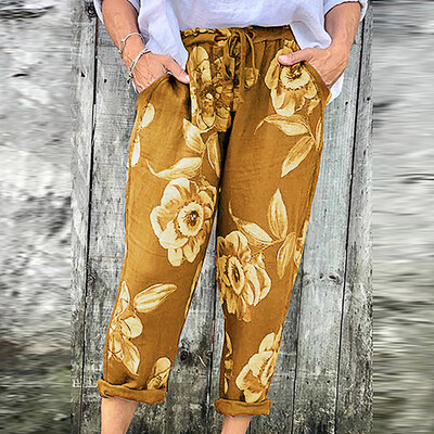 

Plus Size Women Long Pants Summer Boho Floral Pants Pocket Loose Pants