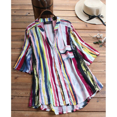 

Womens Summer Striped V Neck Blouses Loose Baggy Tops Tunic T Shirts Plus Size