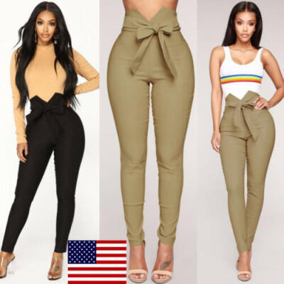 

US STOCK Women High Waist Casual Drawstring Elastic Long Pants Pencil Trousers