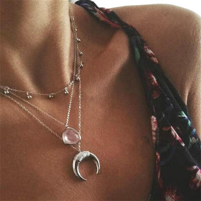 

Bohemian Retro Moon Triangle Crystal Pendant Beaded Multilayer Necklace Women Charm Clavicle Chain Party Wedding Jewelry Gifts