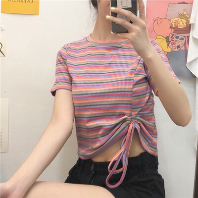 

Novel Design Drawstring Womens T-Shirt Summer Fashion O Neck Striped Short Sleeve T Shirt Sexy Knitted Slim Pullover Tee Tops