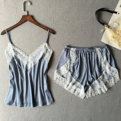 

2pcs Women Satin Lace Sleepwear Babydoll Sexy Lingerie Nightdress Pajamas Set