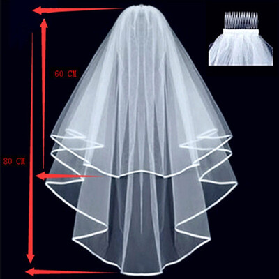 

Simple Tulle Wedding Accessories White Ivory Beige Two Layers bride Wedding Veils With Comb Ribbon Cheap Bridal Veil Decoration