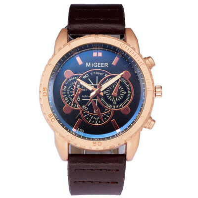 

〖Follure〗High-End New Geneva Mens Leather Strap Stainless Steel Quartz Analog Watch