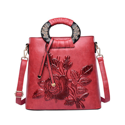 

Women Chinese Floral Print Ring Handle Shoulder Bag Faux Leather Handbag Pouch