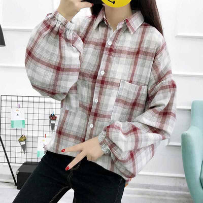 

fashion womens retro temperament check printed loose lapel shirt wild long-sleeved casual shirt