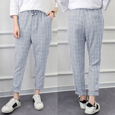 

Women Casual Plaid Elastic Waist Lace Up Loose Plus Size Full Length Pants