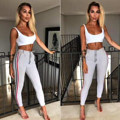 

Tailored Womens Casual Striped Pants Elastic High Waist Cropped Length OL Trousers BKL