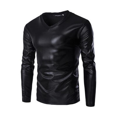 

Casual Personalized Glossy V Neck Long Sleeve Mens T-Shirt Male Costume Tee Tops