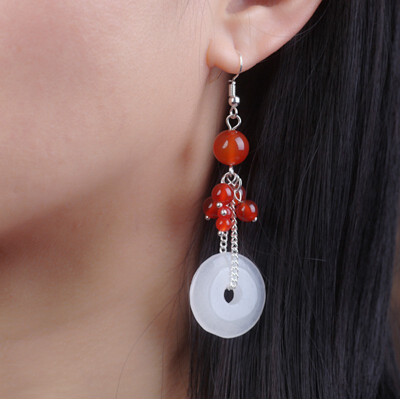 

Retro fashion earrings white jade peace buckle agate earrings Chinese style earrings national wind earrings